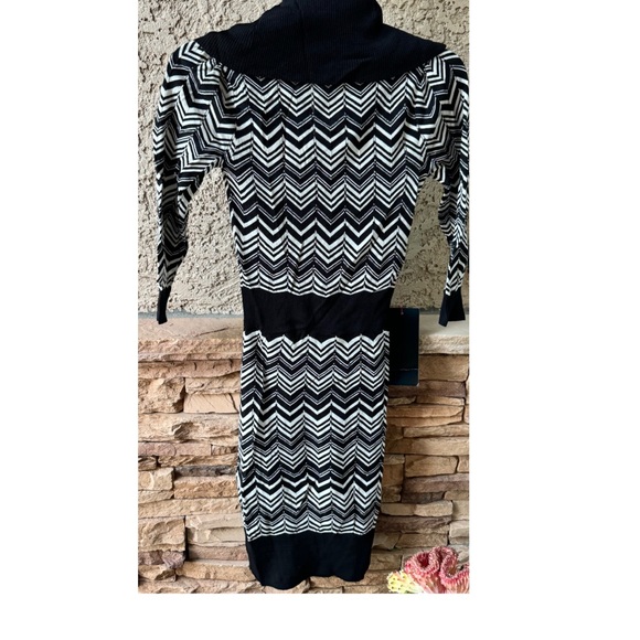 Bebe Cowl Neck  with Lurex Black and White Zig Zag Long Sleeve Dress - Picture 3 of 11